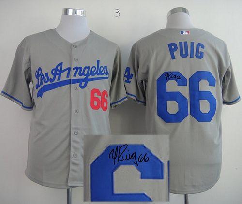 Dodgers #66 Yasiel Puig Grey Cool Base Autographed Stitched MLB Jersey - Click Image to Close